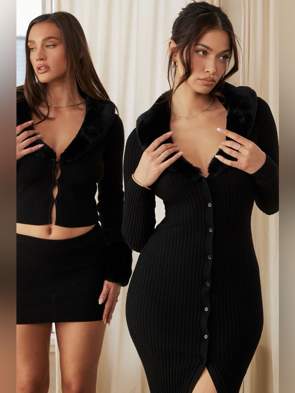 House of CB Black Faux Fur Trim Ribbed Bodycon Long Sleeve Dress Small DS3 - Picture 11 of 13